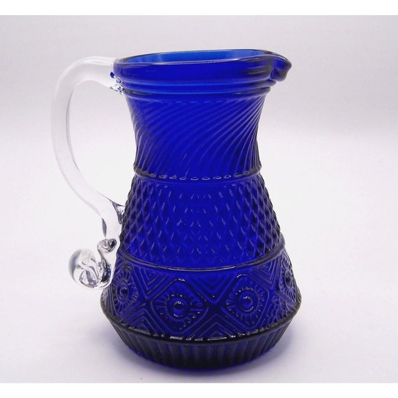 Cobalt Blue Pilgrim Glass Creamer Pitcher Hand Blown Applied Handle Vintage 4.5" - Picture 3 of 6